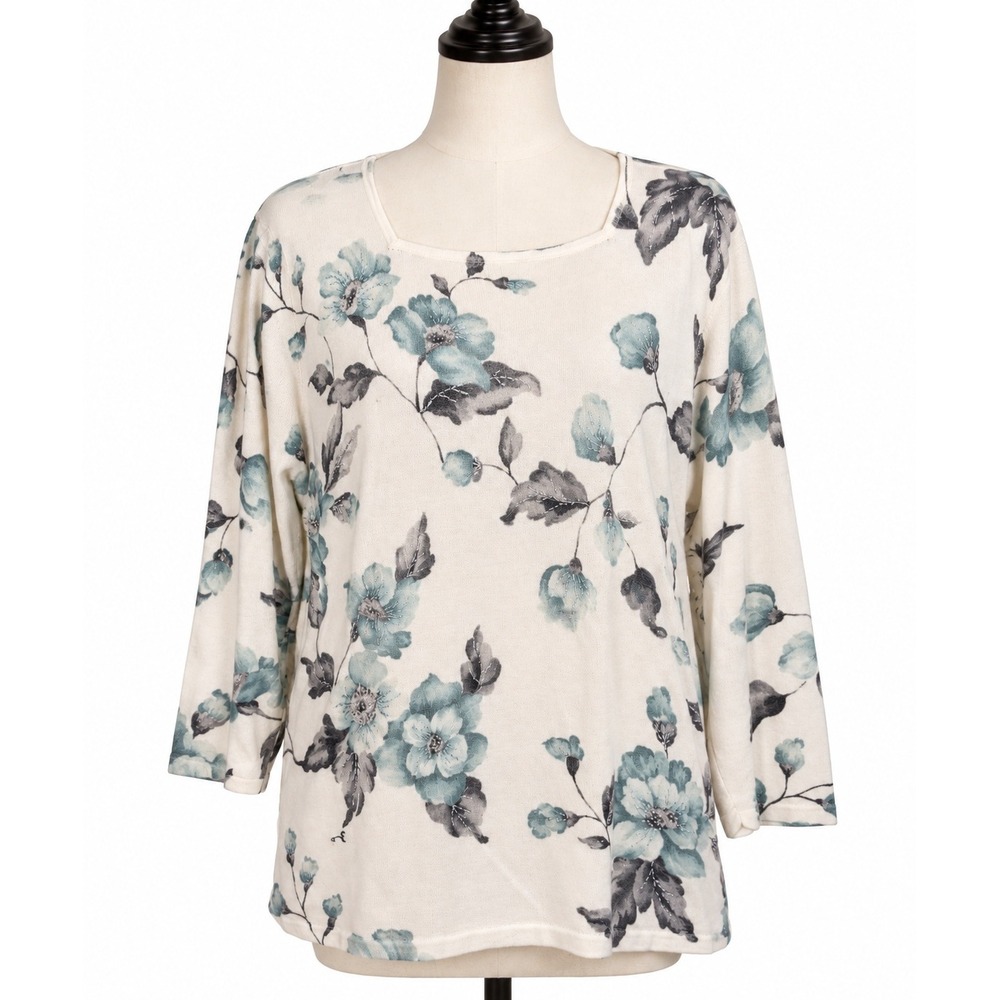 Alfred Dunner Floral Knit Top Womens Large Blue Cream Good Beaded 3/4 Sleeve